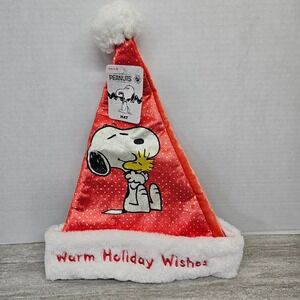 Peanuts Snoopy Santa Hat Red White Polka Dot Warm Holiday Wishes Christmas